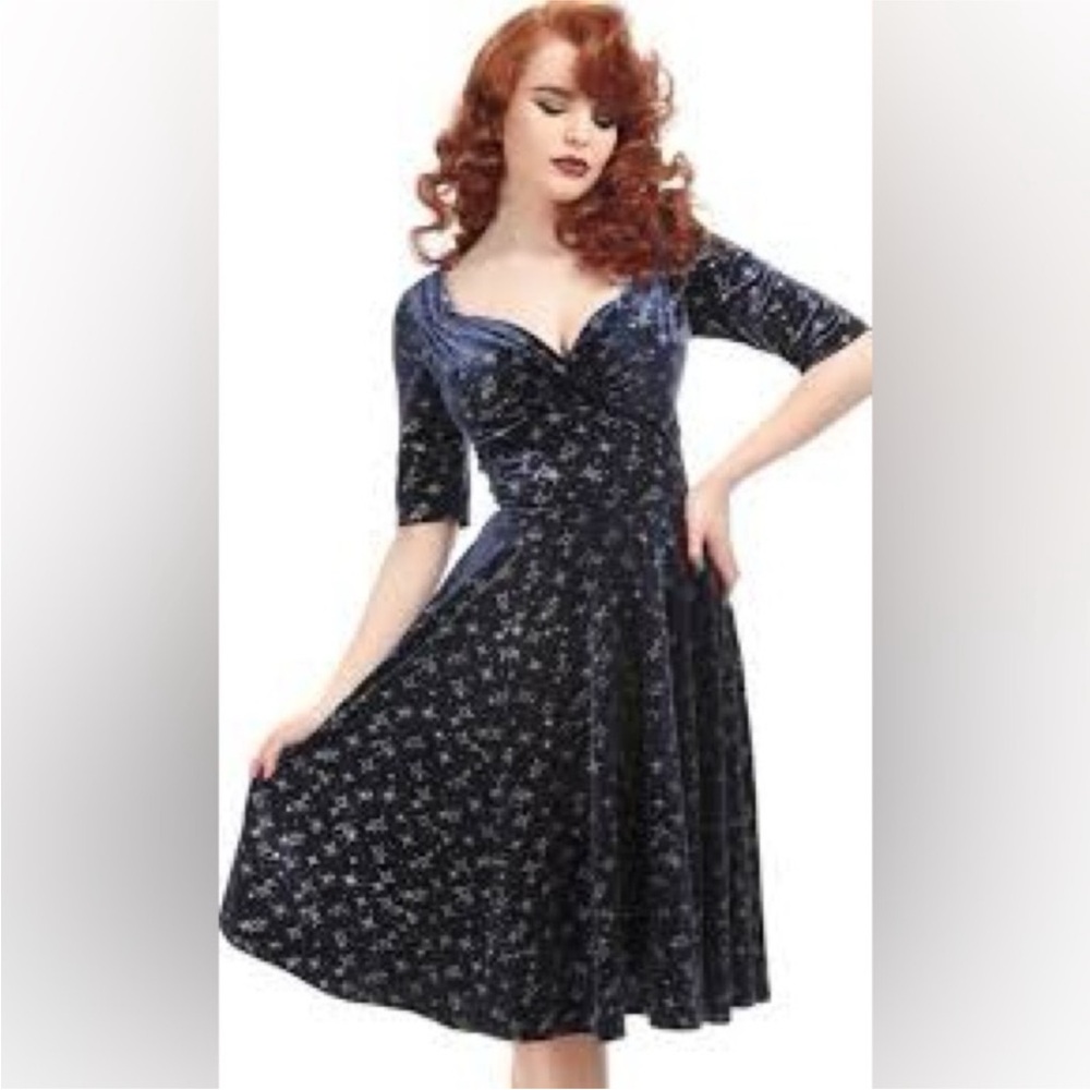 Collectif Trixie Doll Dress in Navy Sparkle Velvet - US 4 Small